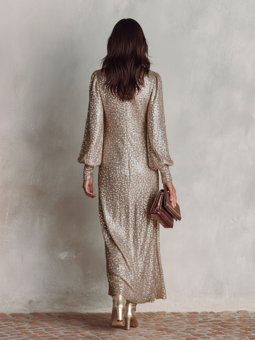 Back view of a woman in a shimmering silver maxi dress with long sleeves, holding a clutch, standing on a stone floor.