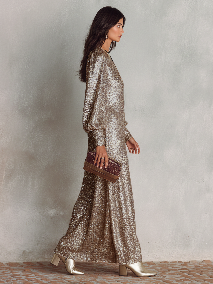 Side view of a woman in a shimmering silver loose maxi dress, holding a small clutch, walking against a gray wall.