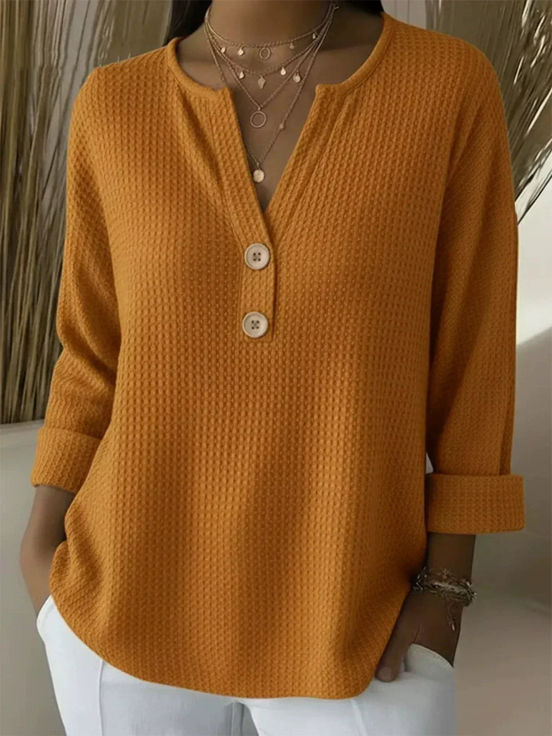 Lucy | Textured Henley T-Shirt with Buttons