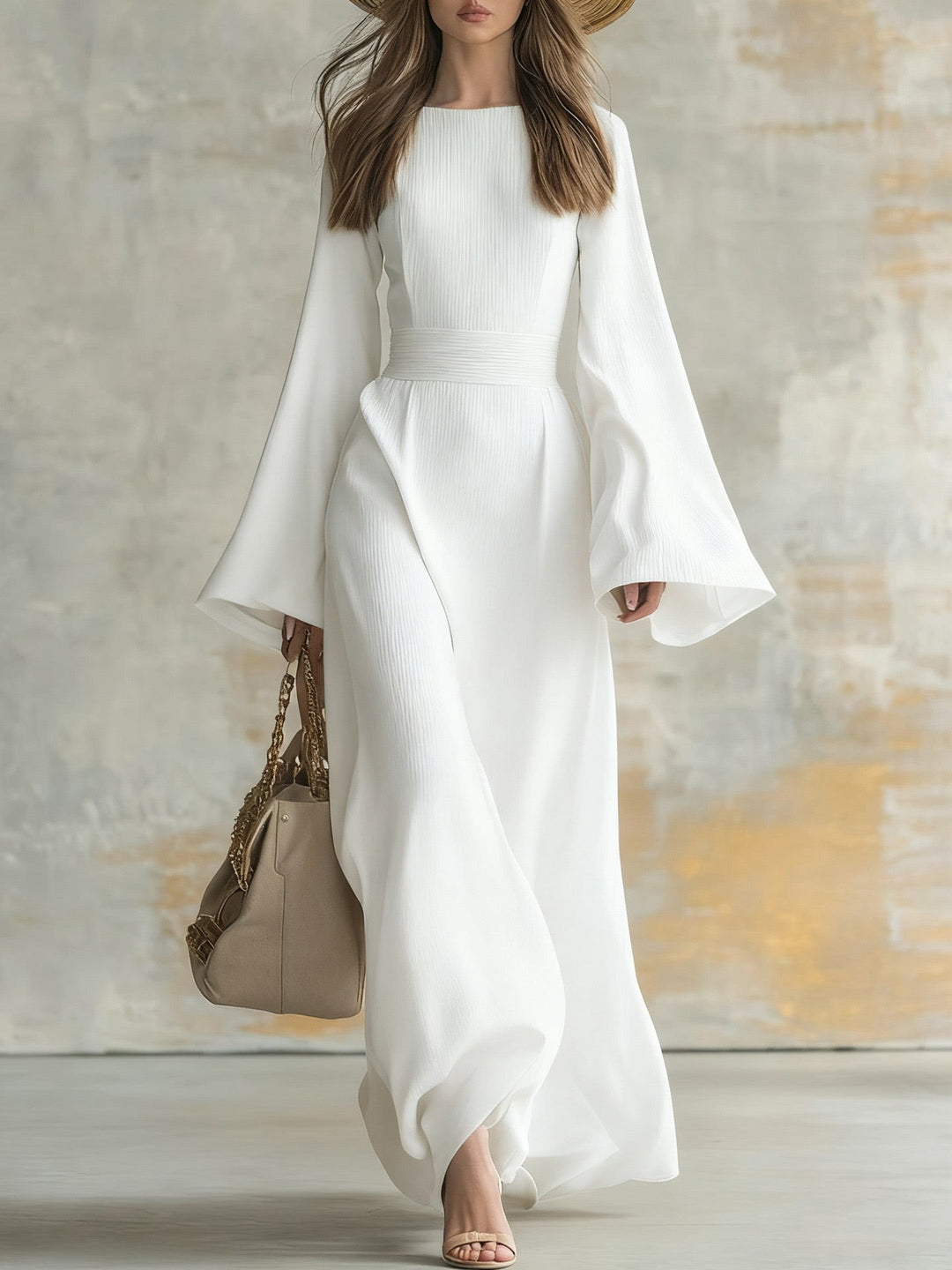 Elegant woman in a long, flowing white dress with flared sleeves, carrying a beige handbag in a studio setting.