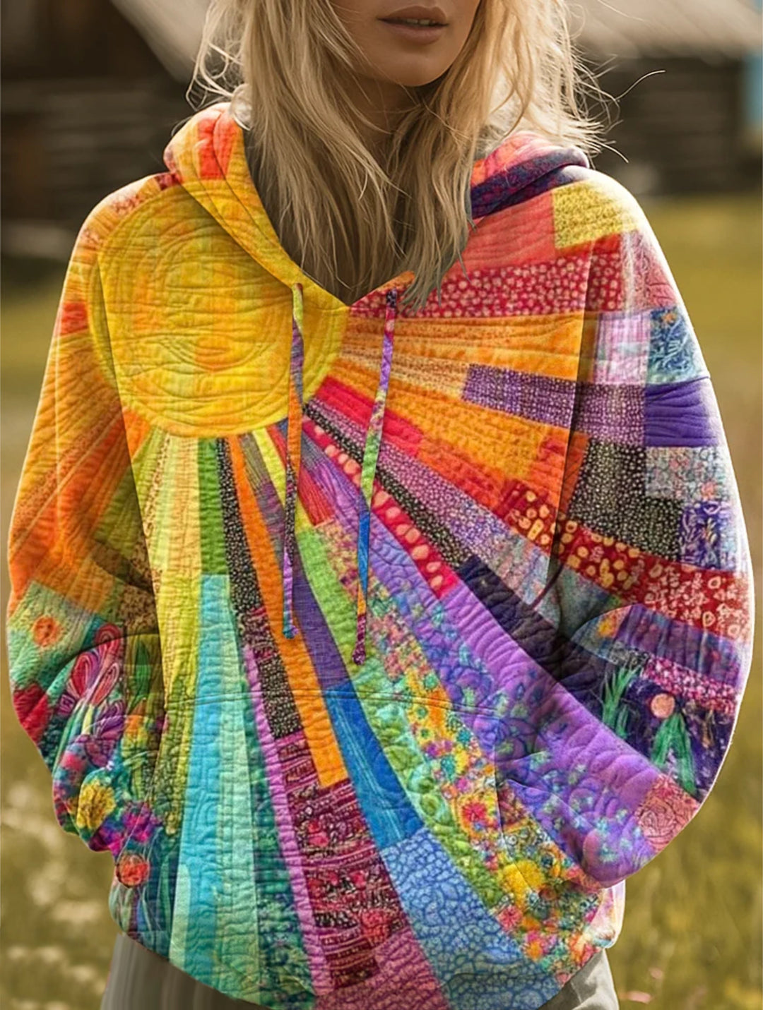 Colorful patchwork hoodie with vibrant sunburst design worn by a person outdoors, with a blurred green and wooden background.