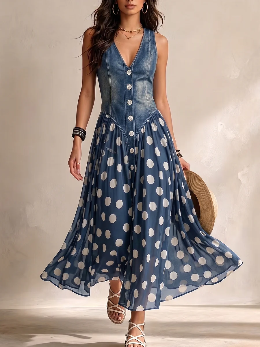 Woman in a sleeveless denim midi dress with polka dot skirt, holding a hat in a neutral studio setting.