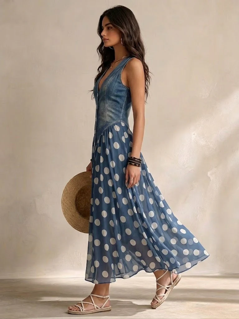 Side view of a woman wearing a denim midi dress with polka dot skirt, holding a hat, in a neutral studio setting.