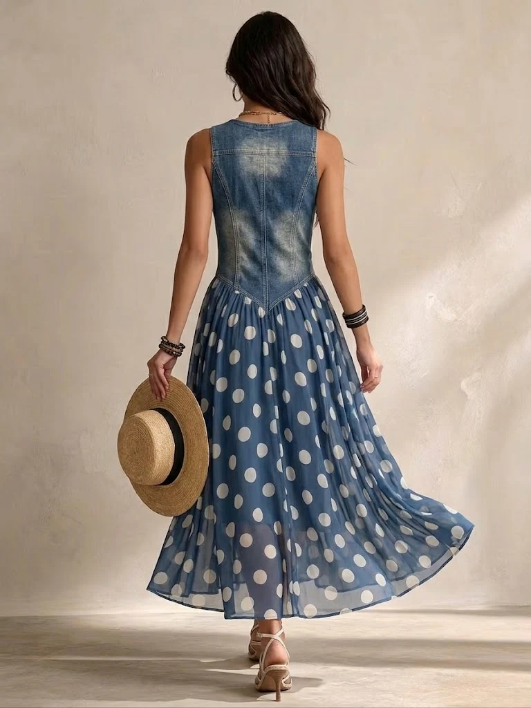 Back view of a woman in a denim midi dress with polka dot skirt, holding a hat, in a neutral studio setting.