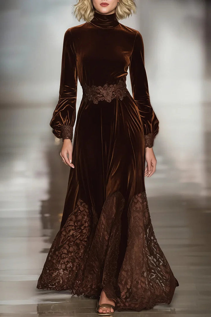 Model wearing a rich brown suede maxi dress with lace details on bell sleeves and hem, set in a blurred indoor background.