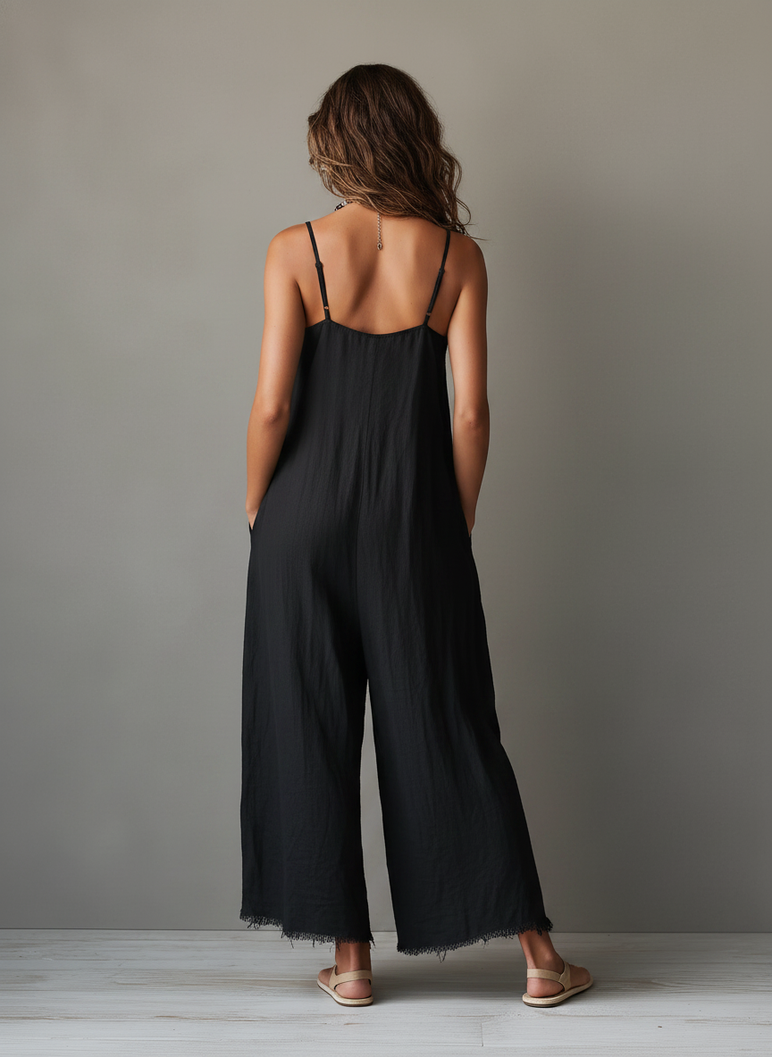 Back view of a black jumpsuit with spaghetti straps, modeled with loose hair, in a studio setting.