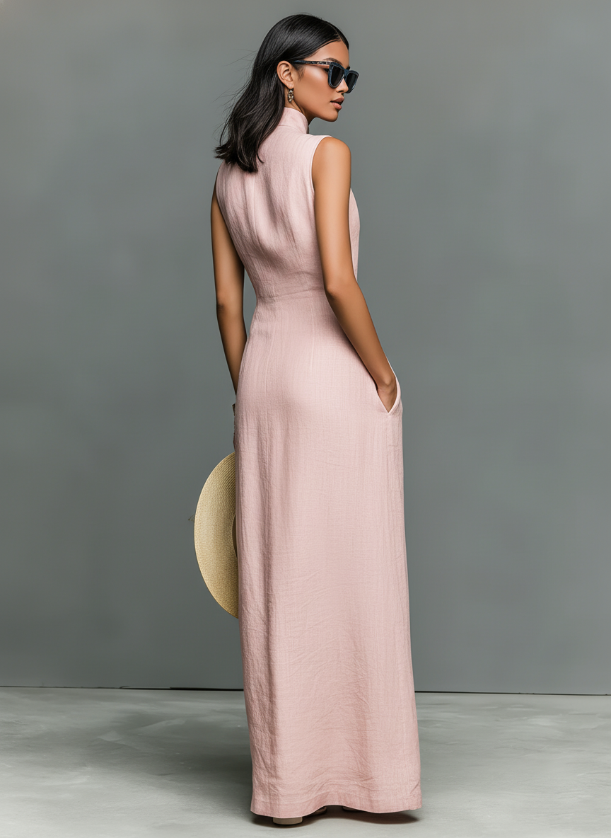 Back view of model in pink sleeveless maxi dress holding a hat, studio setting.