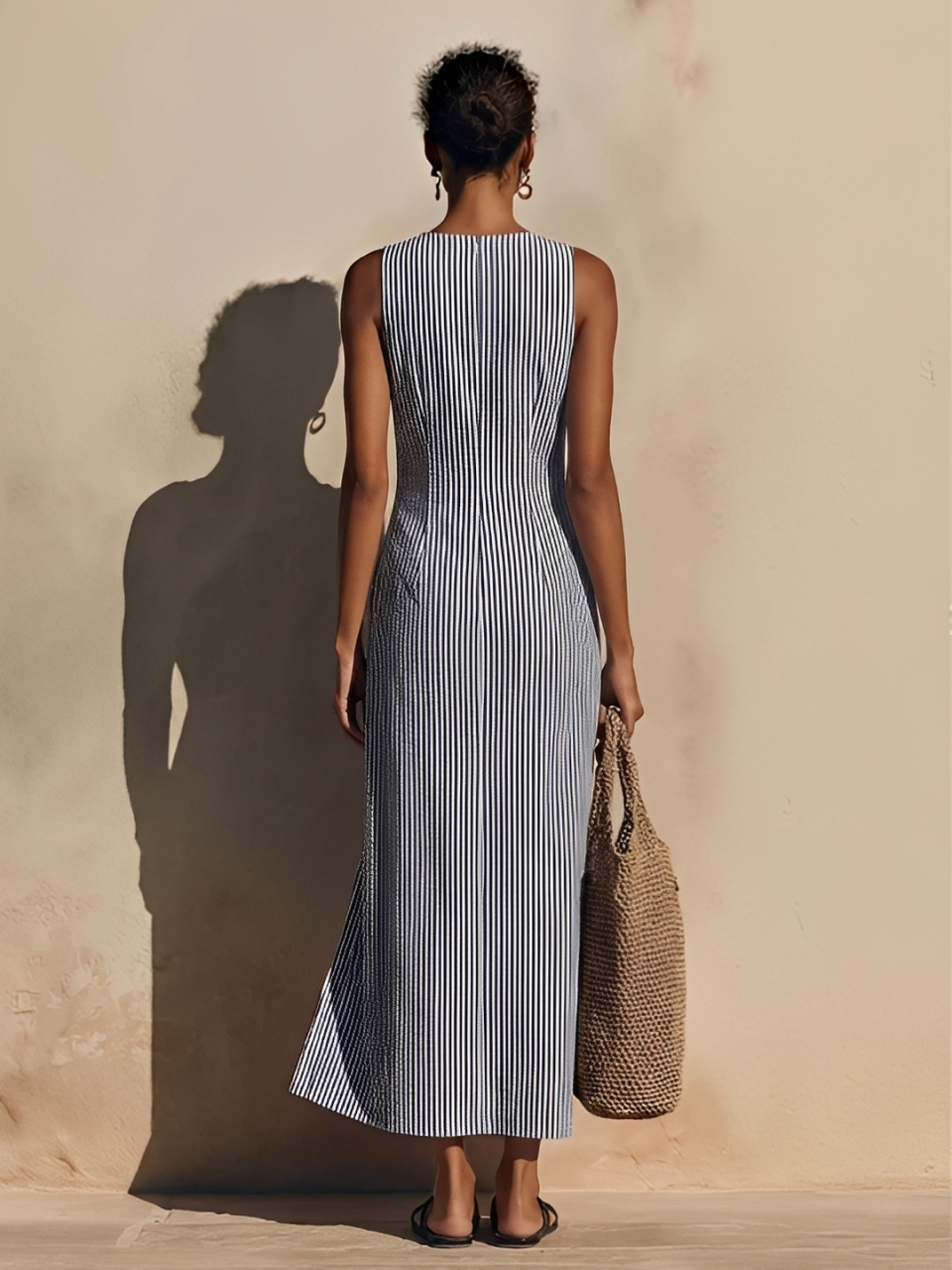Back view of a model in a fitted striped maxi dress with a woven bag, standing against a sunlit wall outdoors.
