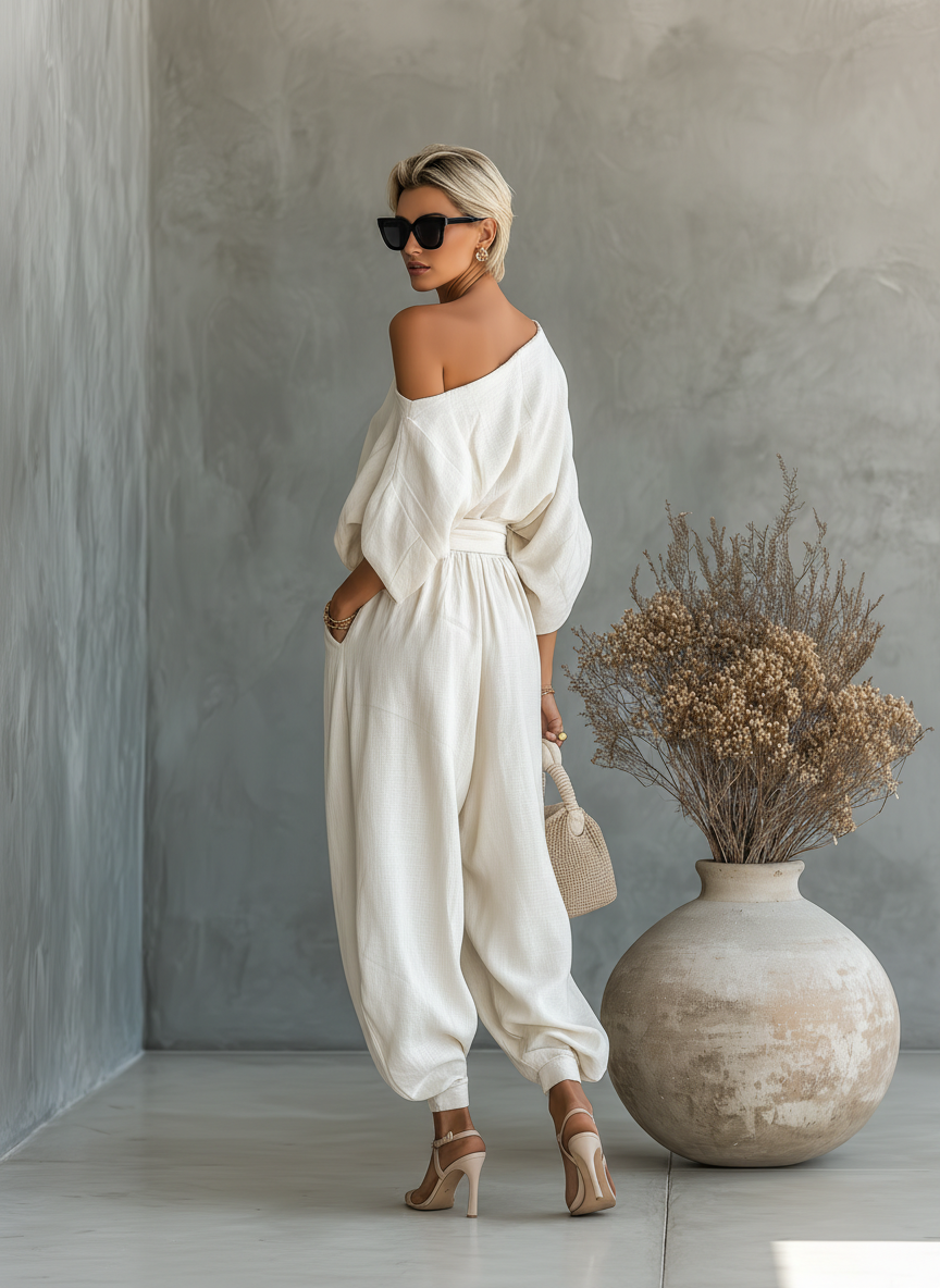Rear view of woman in cream off-shoulder set, holding a woven handbag, indoor setting with textured walls and decorative vase.