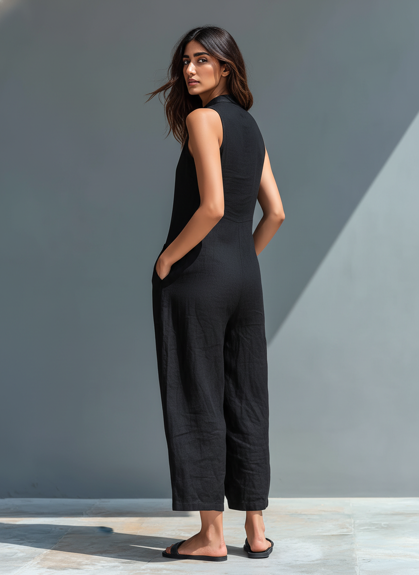 Back view of a black sleeveless jumpsuit with pockets, worn by a woman in an outdoor setting.
