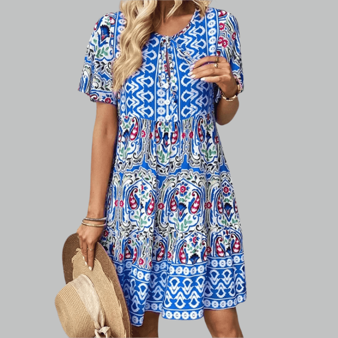 Abigail – Printed Midi Dress with Tie Neckline
