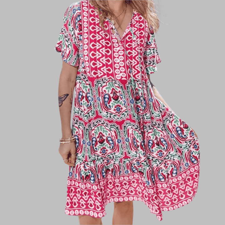 Abigail – Printed Midi Dress with Tie Neckline