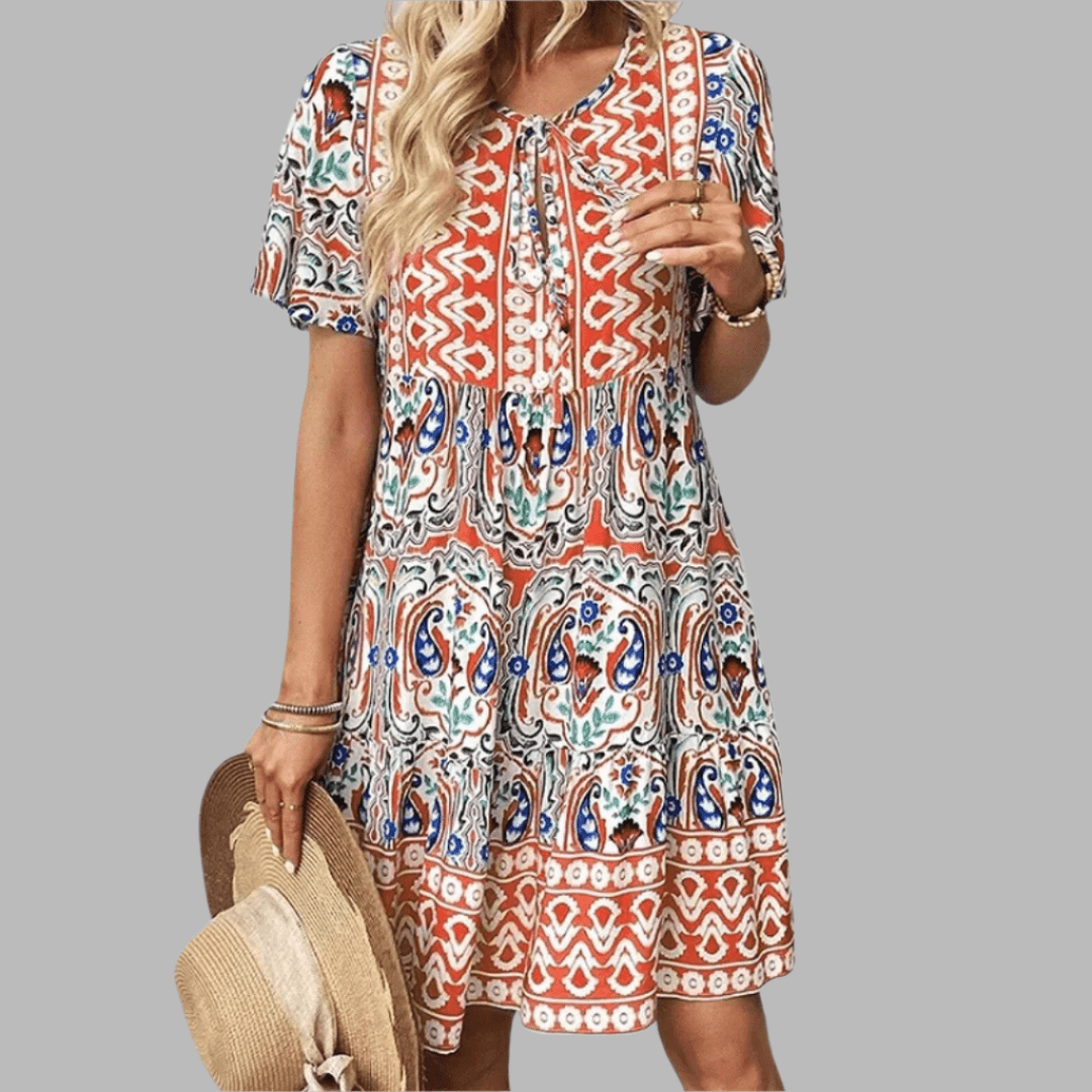 Abigail – Printed Midi Dress with Tie Neckline