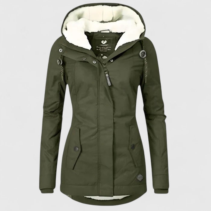 Olive winter coat with hood, soft interior lining, and button details showcased in a studio.