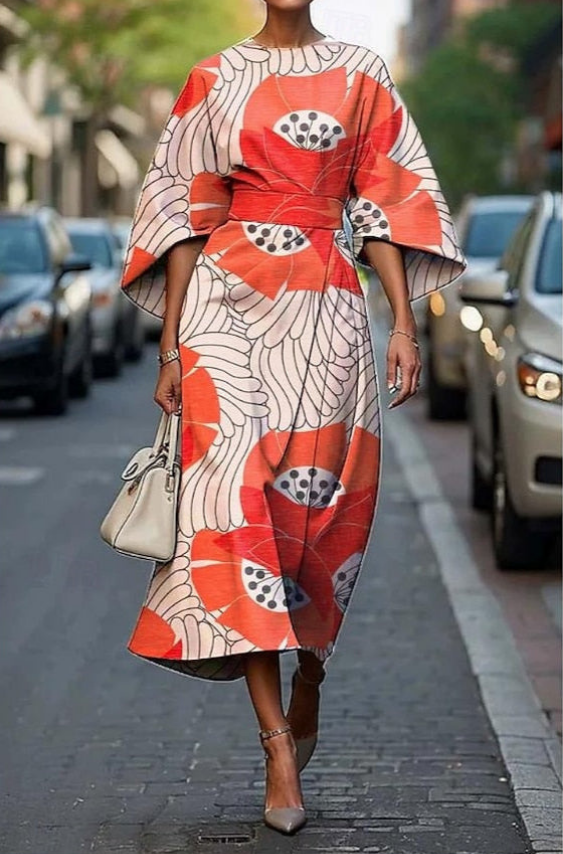 Bold red floral print dress with kimono sleeves and belt, styled outdoors on an urban street.