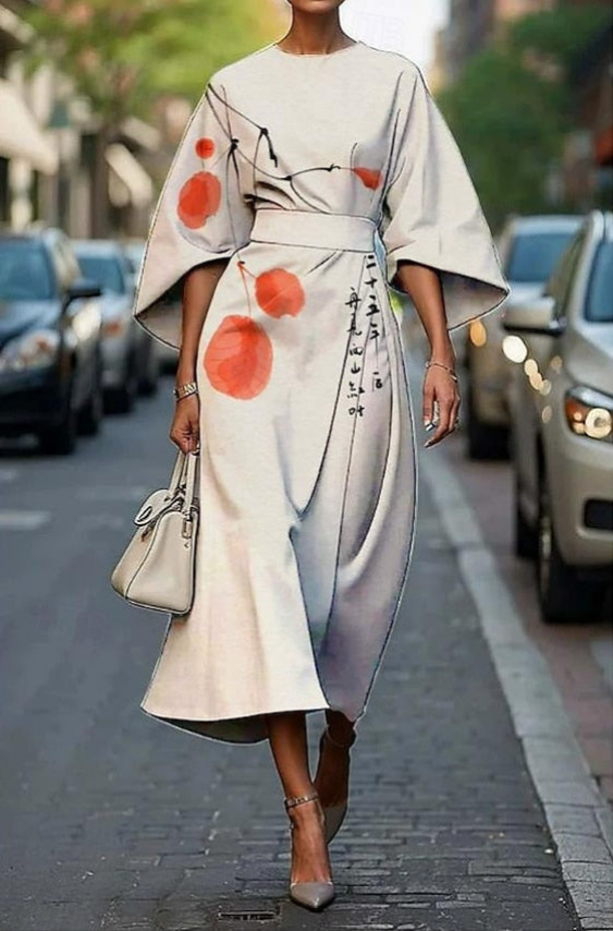 Minimalist dress with red accents and calligraphy, kimono sleeves, belted, worn on an urban street.