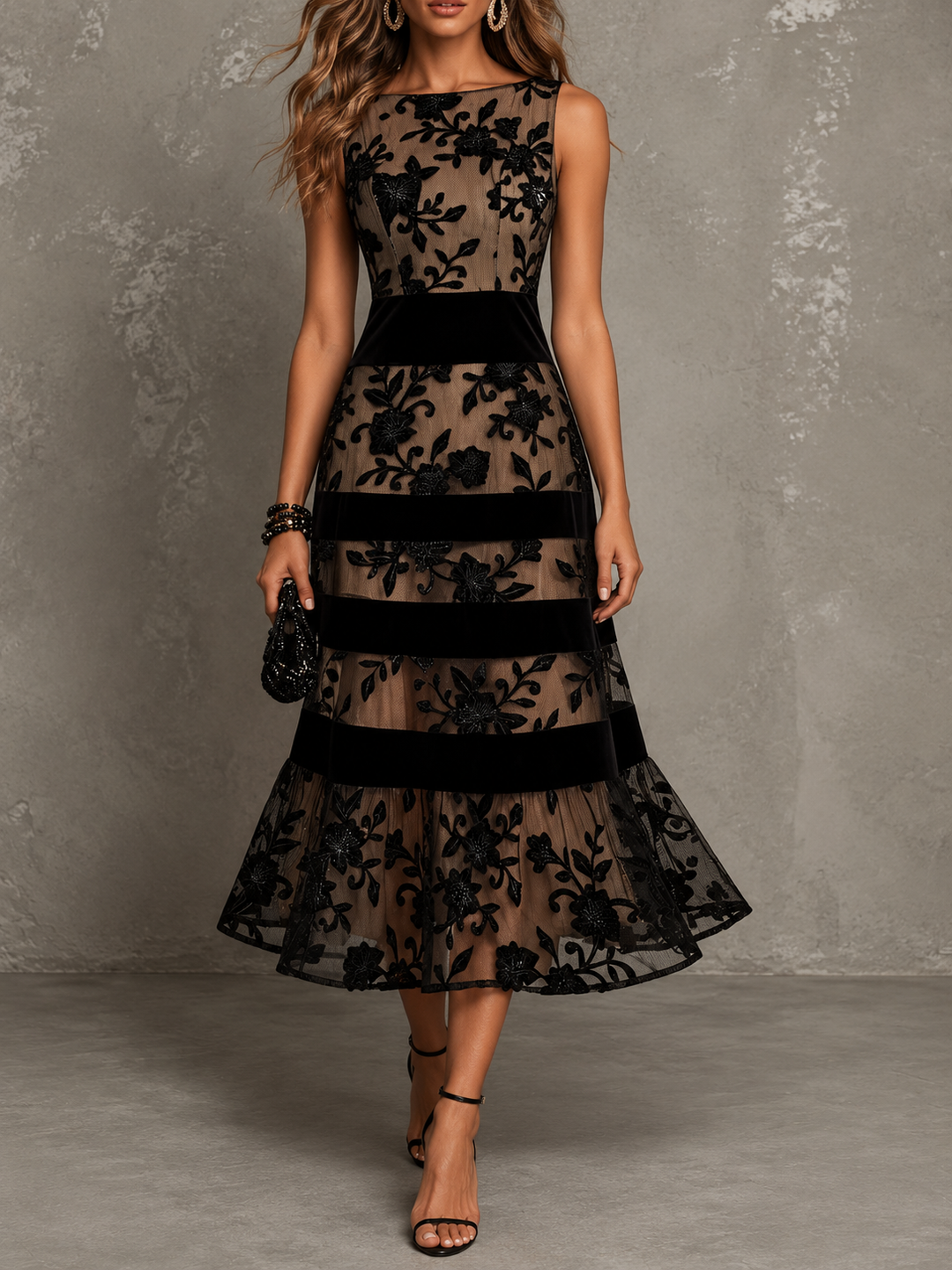 Black Mesh Floral Sleeveless A-Line Midi Dress
