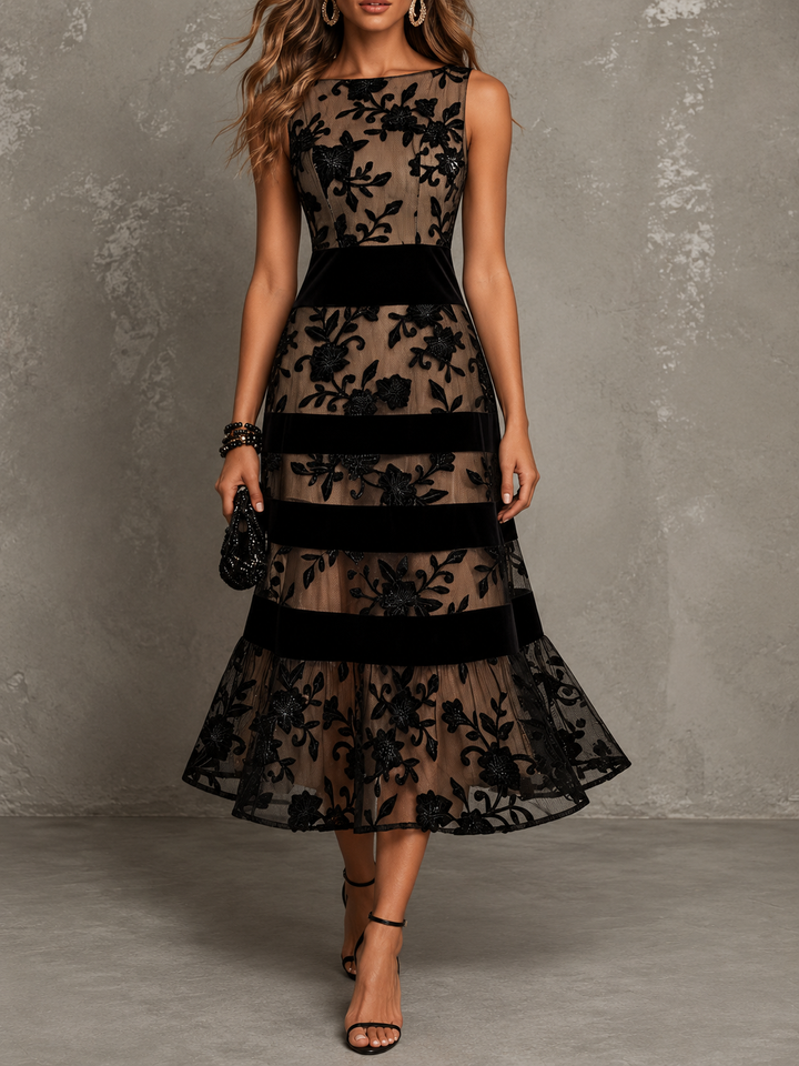 Black Mesh Floral Sleeveless A-Line Midi Dress