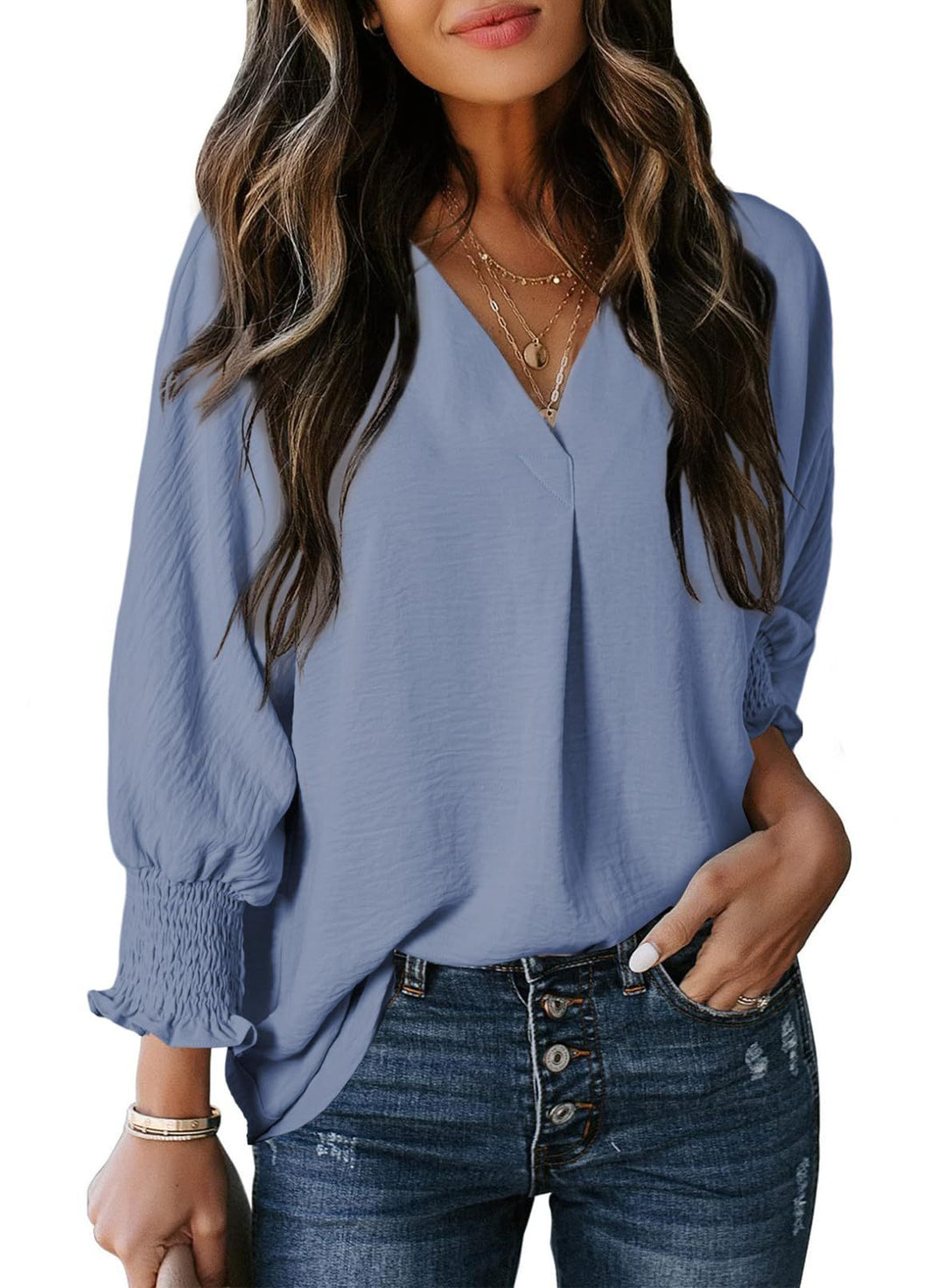 Nina – Relaxed V-Neck Blouse with 3/4 Sleeves