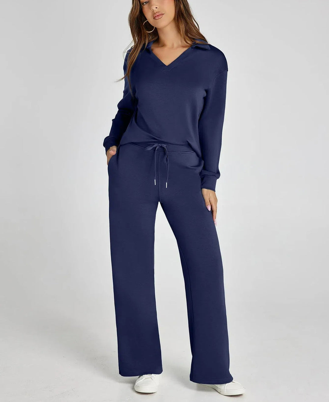 Lanie – V-Neck Polo Lounge Set with Wide-Leg Pants