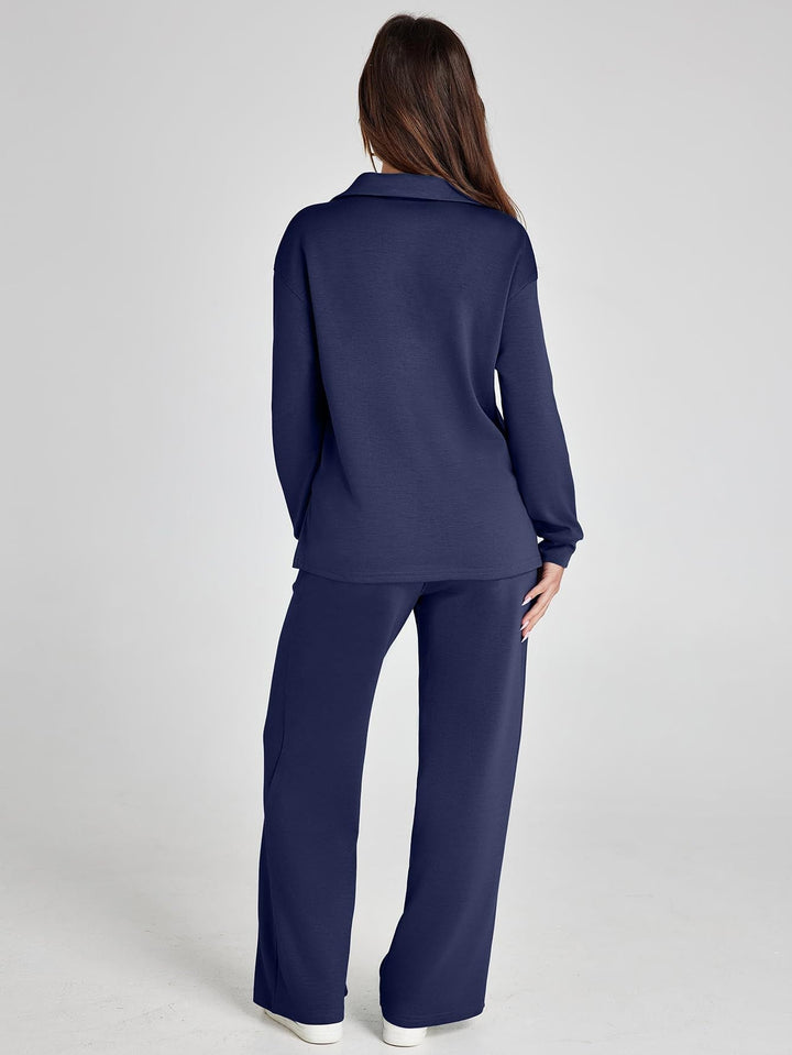 Lanie – V-Neck Polo Lounge Set with Wide-Leg Pants
