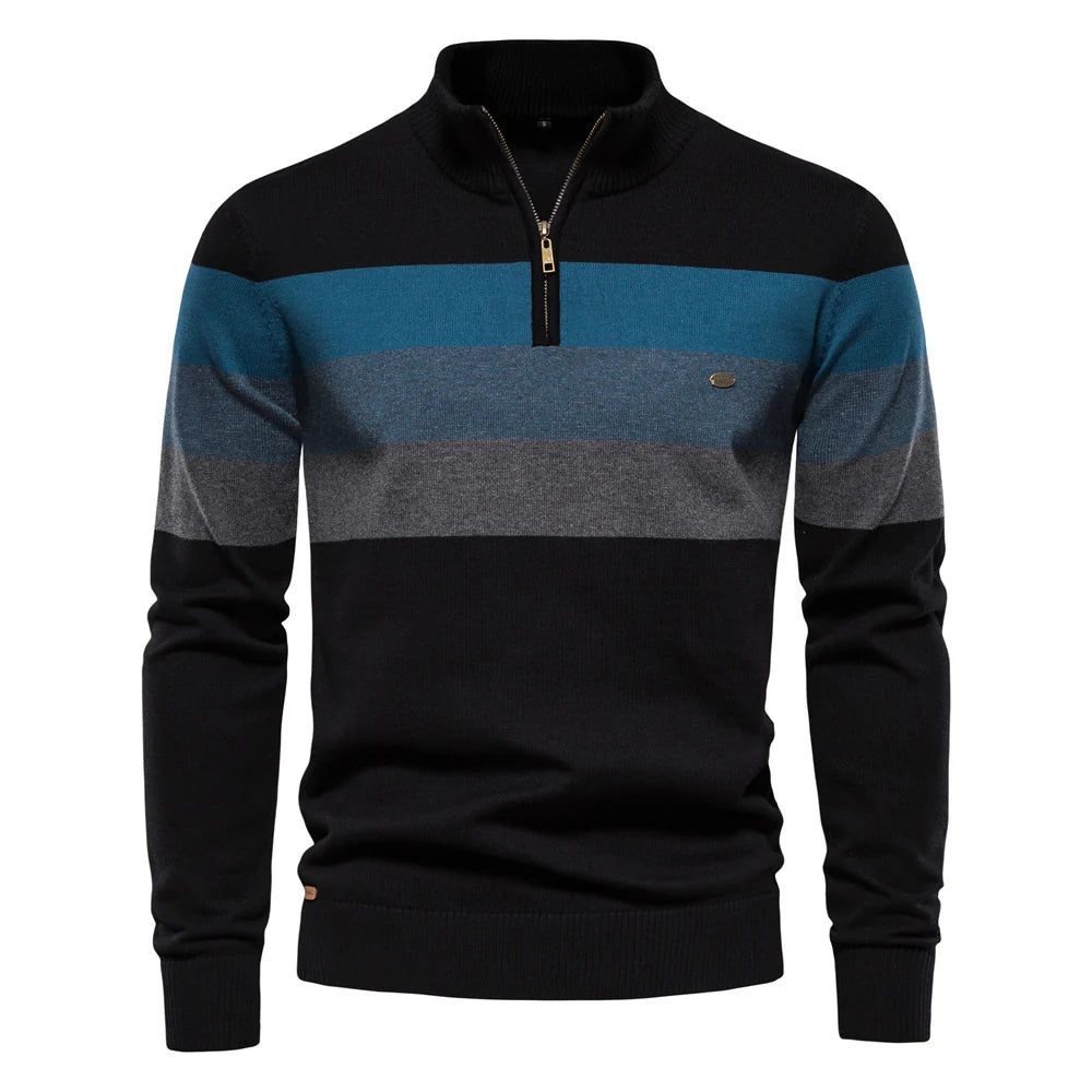 Striped pullover featuring black, blue, and gray tones on a white studio background.