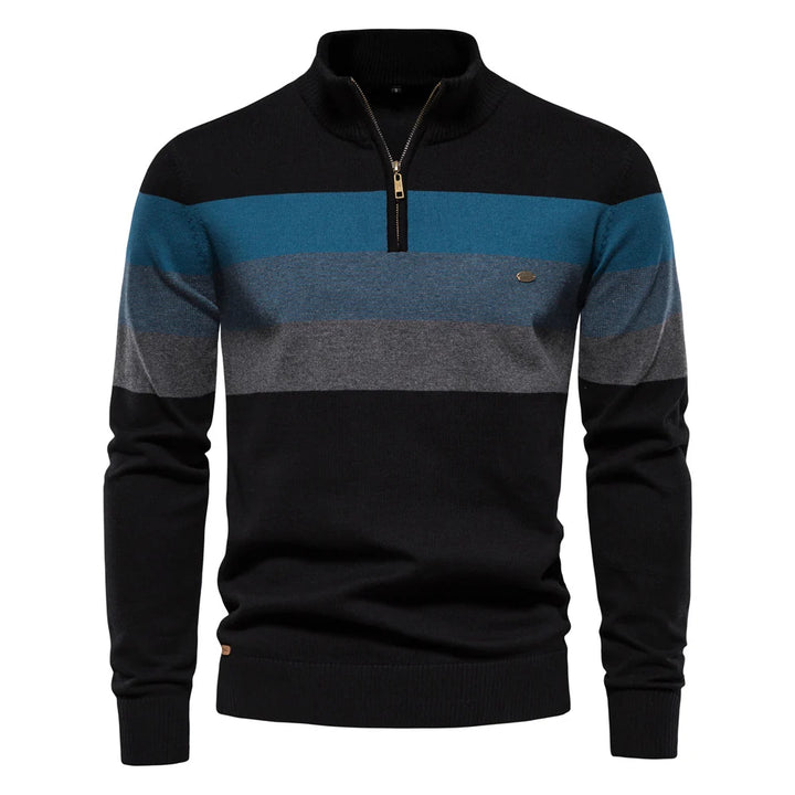 Striped pullover featuring black, blue, and gray tones on a white studio background.