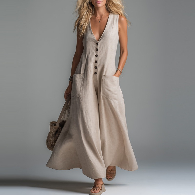 Beige maxi dress with buttons and pockets, worn by a model in a studio setting.