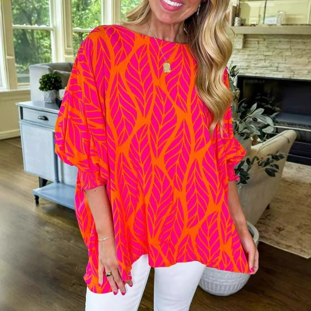 Risa – Puff Sleeve Blouse with Leaf Print