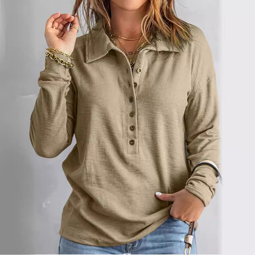 Tindra – Ribbed Button-Down Long-Sleeve Top
