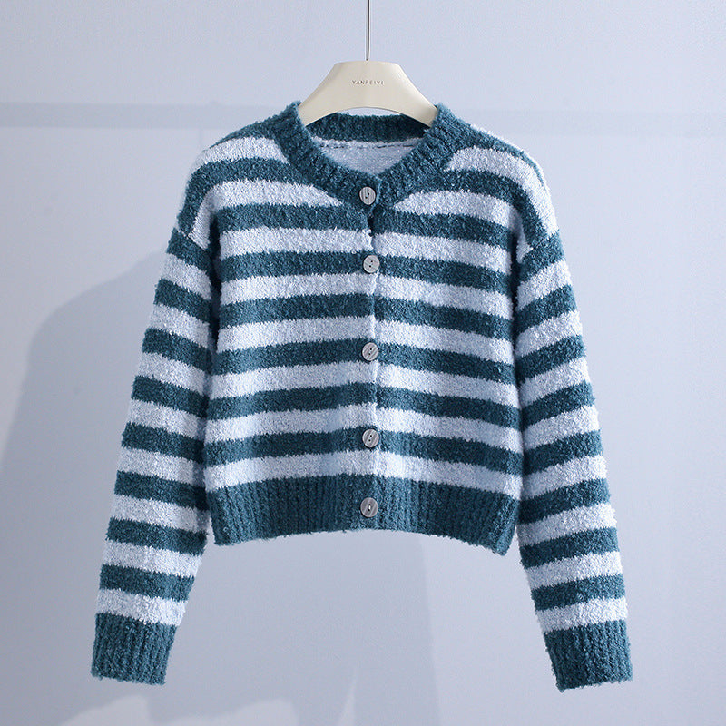 Green and white striped cardigan with buttons, displayed in a light gray studio setting.