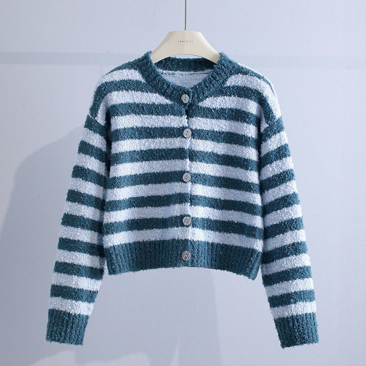 Green and white striped cardigan with buttons, displayed in a light gray studio setting.