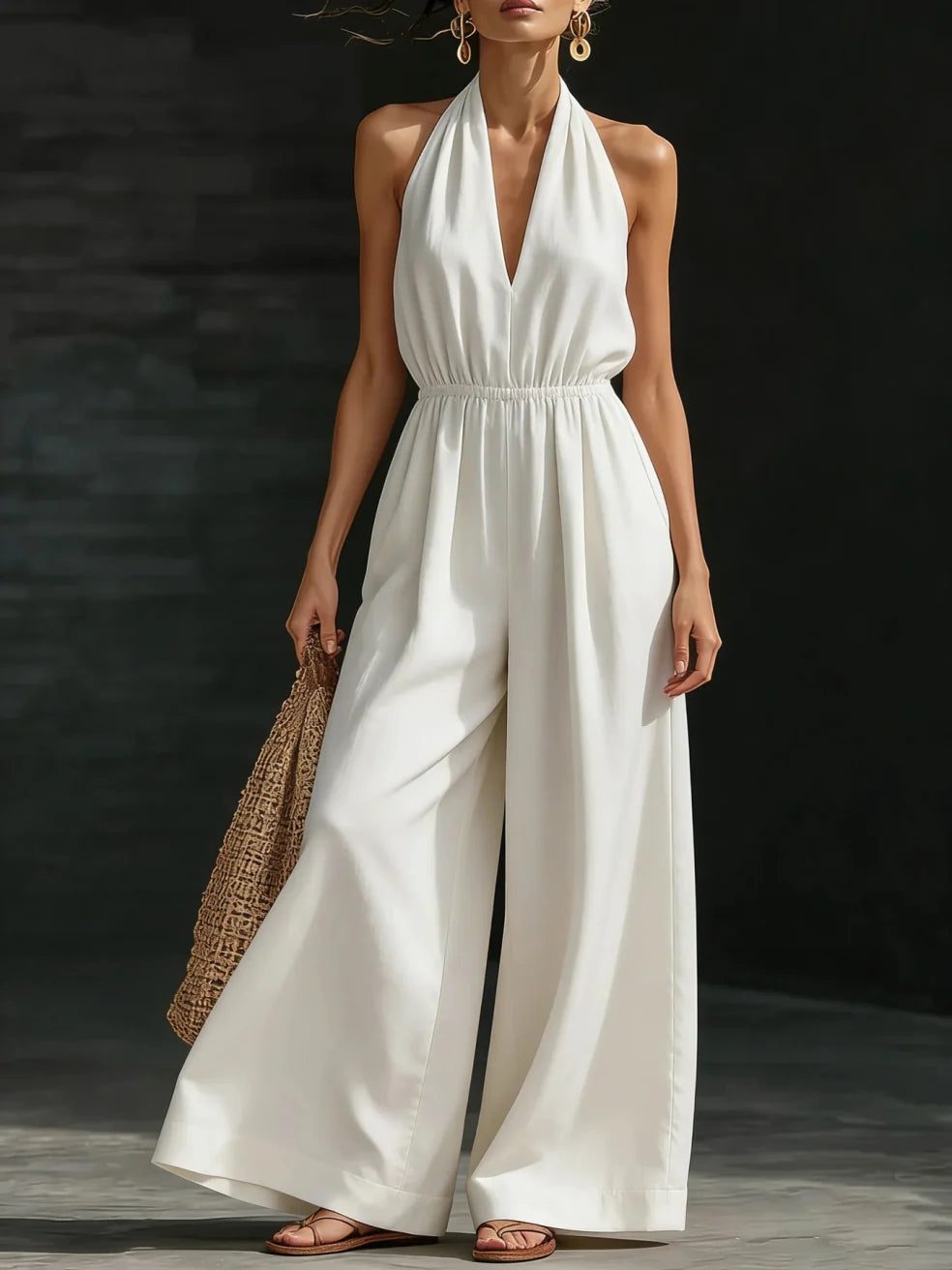 Woman wearing a white jumpsuit with halter neck and wide legs, carrying a woven bag in a dimly lit studio.