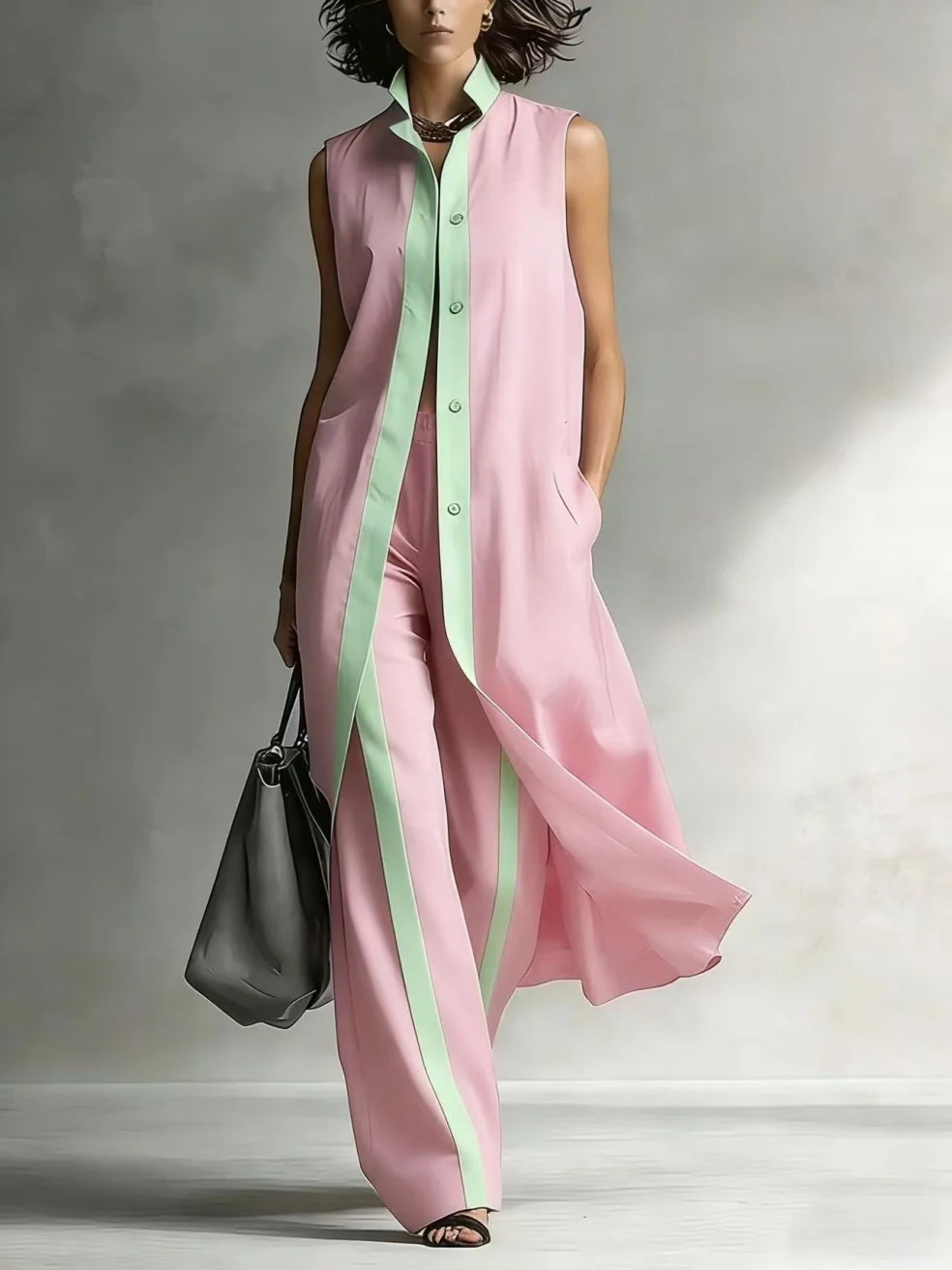 Woman in a pink sleeveless coat and pants set with mint green trim, holding a gray bag, against a studio background.