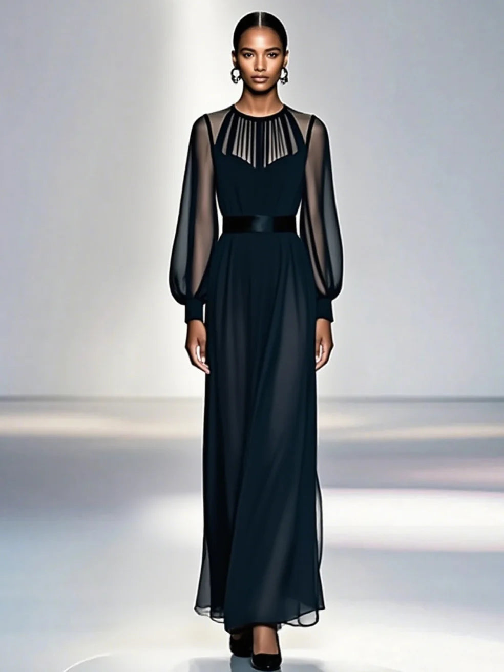 Model in elegant black dress with sheer sleeves, standing in a softly lit studio.