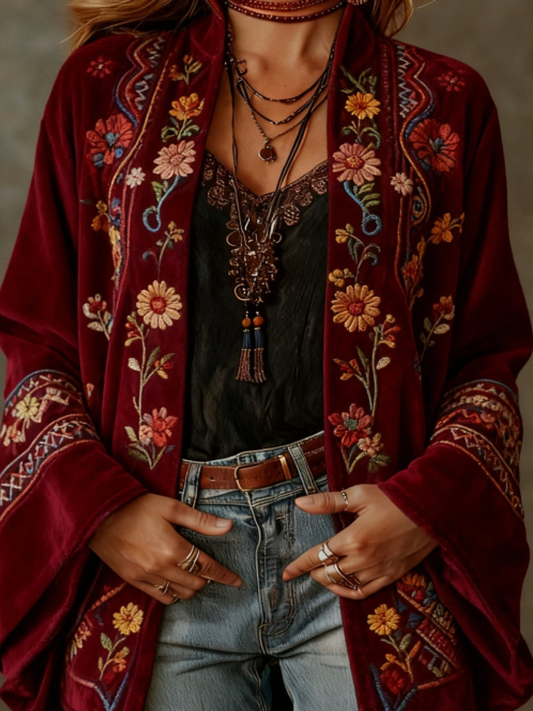 Model in a maroon floral embroidered kimono cardigan, accessorized with layered jewelry, denim jeans, studio setting.