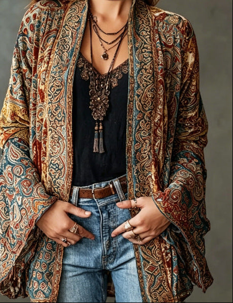 Close-up of boho kimono cardigan with intricate patterns, worn with layered necklaces and denim, gray studio background.