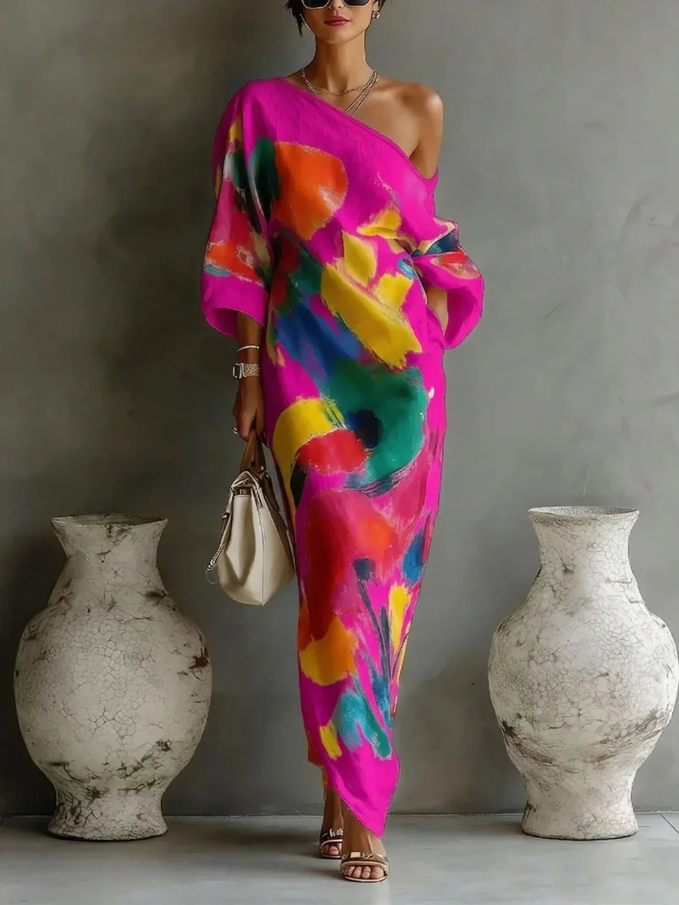 Pink off-shoulder maxi dress featuring bold abstract patterns, complemented with a handbag, in a minimalist indoor setting.