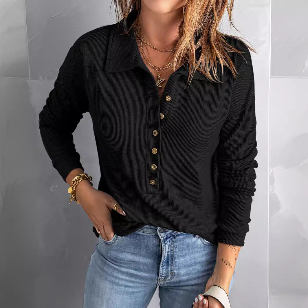 Tindra – Ribbed Button-Down Long-Sleeve Top