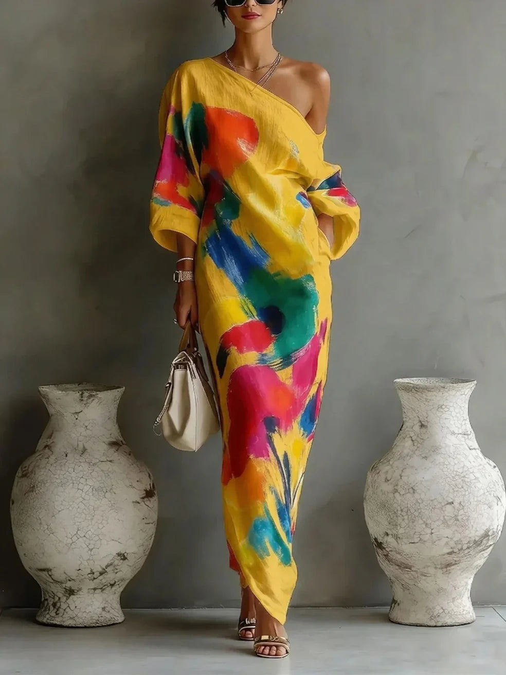 Woman wearing an abstract yellow-patterned maxi dress in front of a gray wall, holding a light handbag.