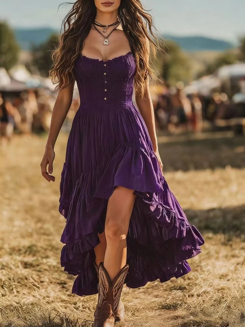 Woman in a purple maxi dress with tiered skirt and cowboy boots at an outdoor festival.