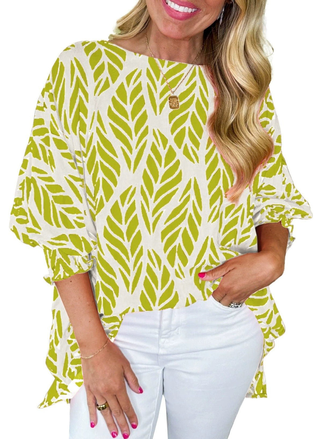 Risa – Puff Sleeve Blouse with Leaf Print