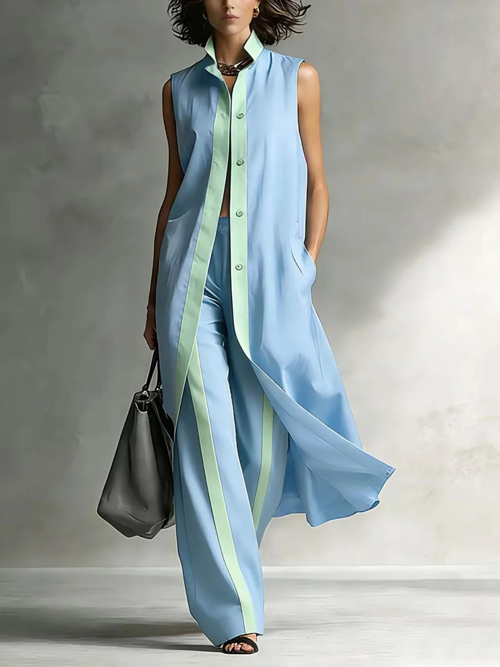 Woman wearing a blue sleeveless coat and pants set with mint green trim, holding a gray bag in a studio setting.