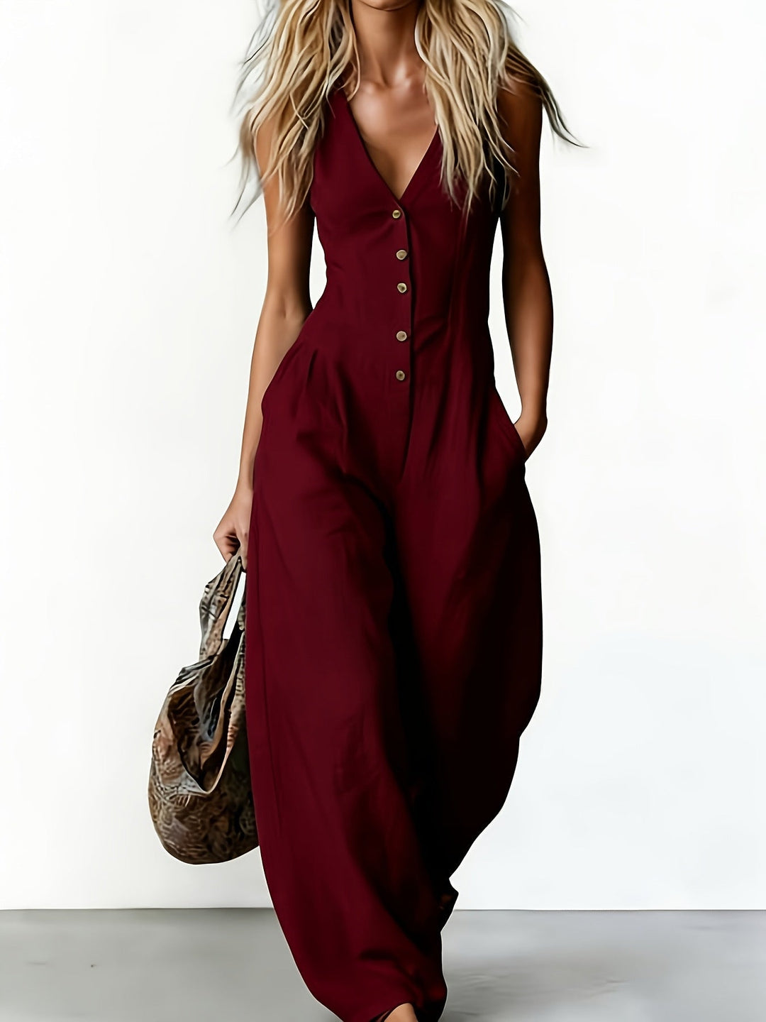 Burgundy sleeveless jumpsuit with buttons, wide legs, complemented by a patterned bag in a studio setup.