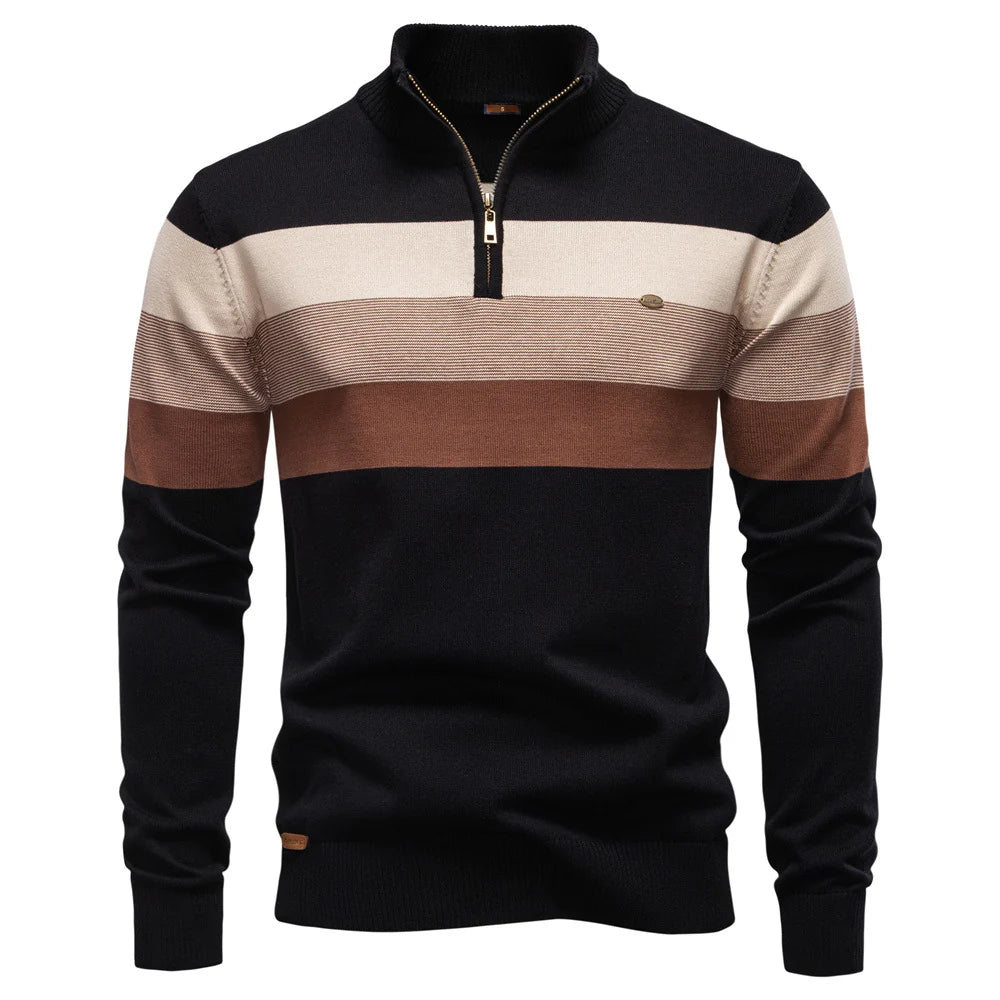 Black and tan striped pullover displayed on a white studio background.