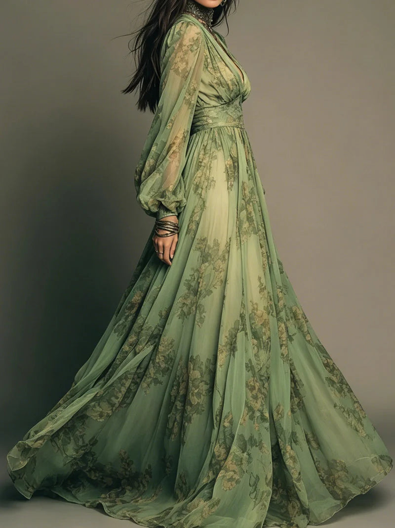 Elegant green maxi dress with floral details and sheer sleeves, displayed in a studio from a side view.