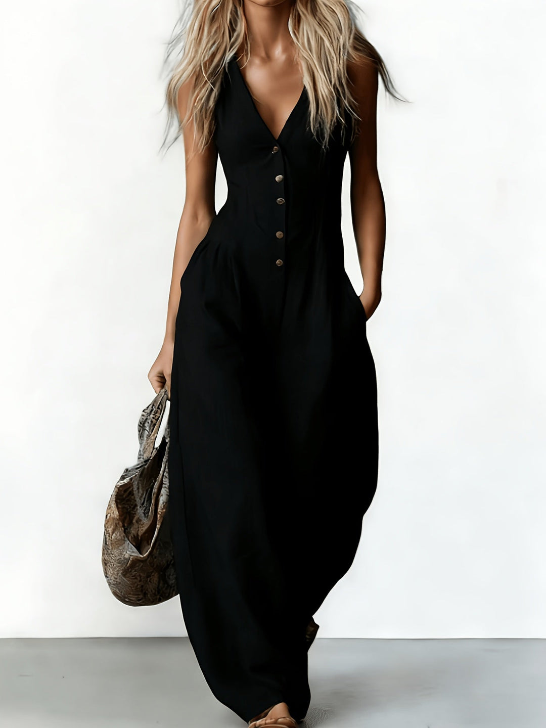 Black sleeveless jumpsuit featuring buttons, wide legs, accessorized with a patterned bag in a studio setting.