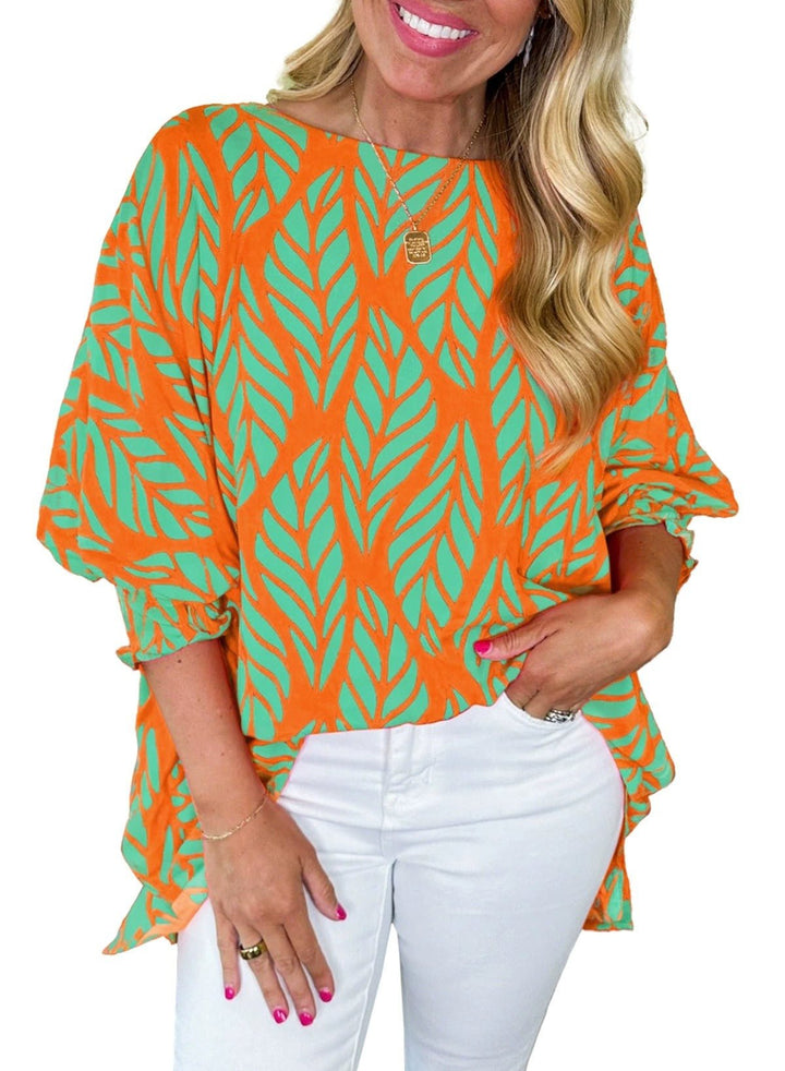 Risa – Puff Sleeve Blouse with Leaf Print