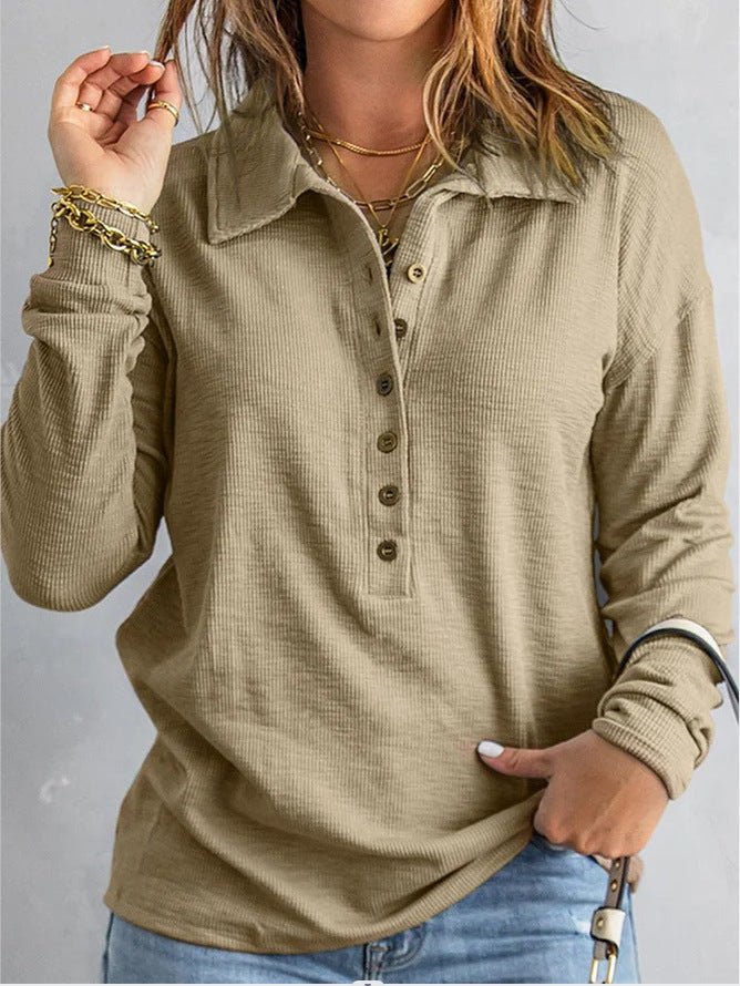 Tindra – Ribbed Button-Down Long-Sleeve Top