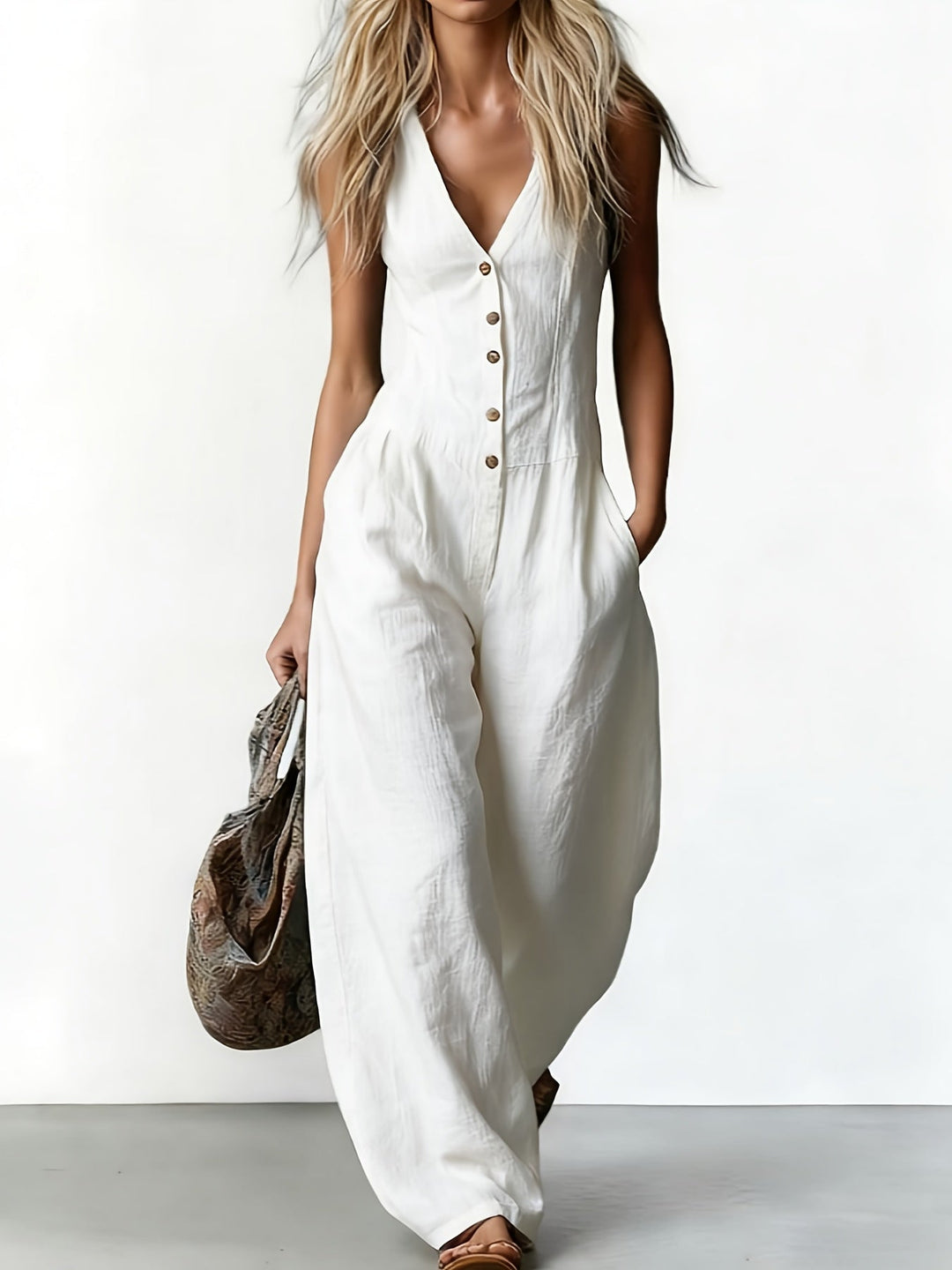 White sleeveless jumpsuit with buttons, wide legs, styled with a patterned bag in a studio setting.
